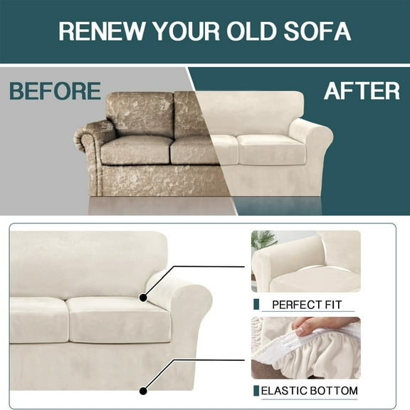 FantasDecor 4 Piece Sofa Velvet Couch Covers for 3 Cushion Stretch Slipcover with Individual Seat Cushion Elastic Furniture Protector for Pets, Machine Washable (Sofa, Ivory)