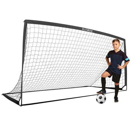 RUNBOW Metal 9x5ft Kids Soccer Goal with Carry Bag, Portable Folding Soccer Net for Backyard Training, Indoor/Outdoor Use for Youth and Adults ( 1 pack, Black)