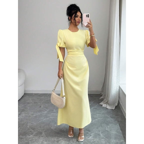 Pale Yellow Summer Womens Solid Round Neck Petal Sleeve Elegant Maxi Dress