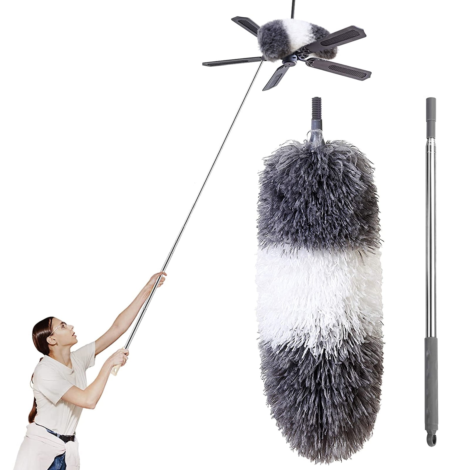 Microfiber Duster with Extension Pole(Stainless Steel), Extra Long 100 inches, with Bendable Head, Extendable Duster for Cleaning High Ceiling Fan, Interior Roof, Cobweb, Gap Dust- Wet or Dry Use