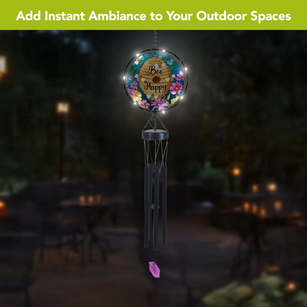 Briarwood Lane Spring LED Illuminated Solar Powered Glass Suncatcher  Wind Chime 37x8 Happy Beehive For Spring Wind Chime For Outdoors Melodic Metal Windchimes Wind-Chimes