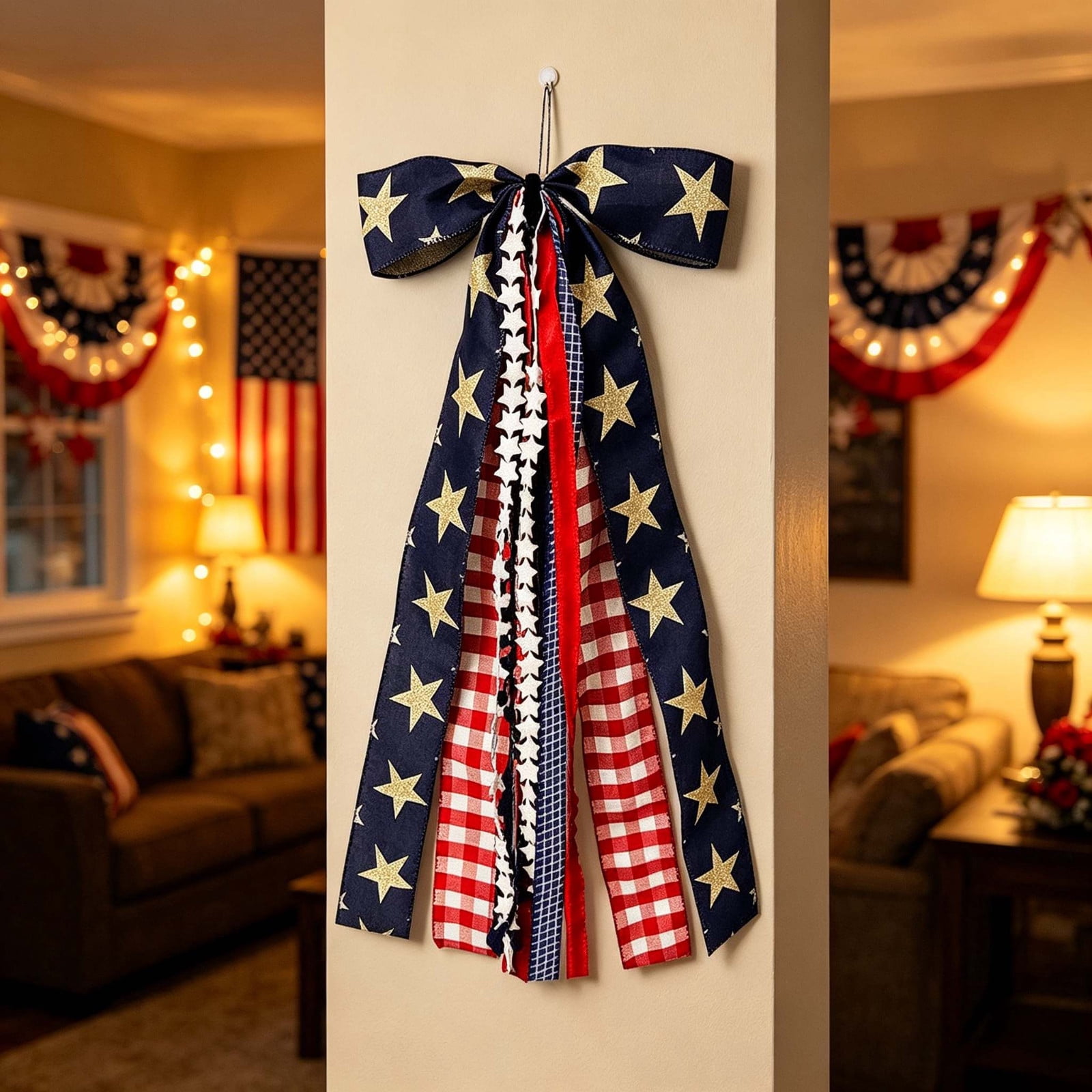 Seyotauo Large Patriotic Ribbon Bow, 4th of July Red White and Blue Bows Clip-On Star Sash Patriotic Wreaths for Front Door Indoor Outdoor Memorial Day Decoration, for Patriotic Indoor Outdoor Decor