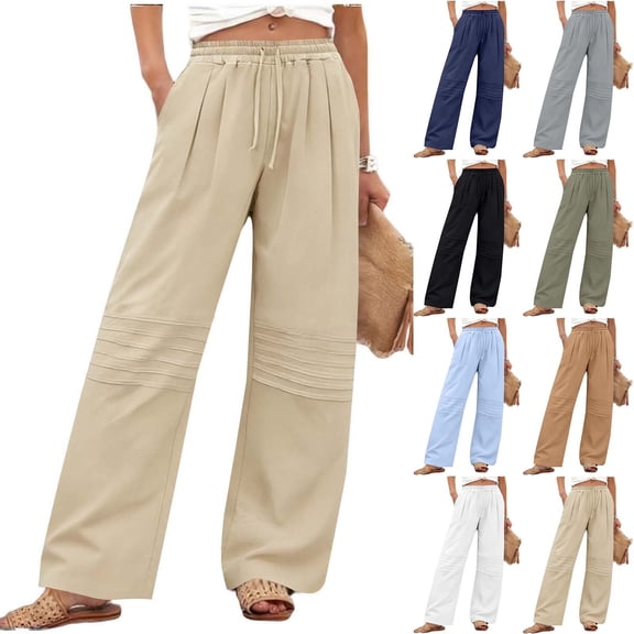 FRSASU Summer Pants for Women Casual Summer Drawstring Elastic High Waist Cotton Linen Pants Straight Wide Leg Trousers Yellow
