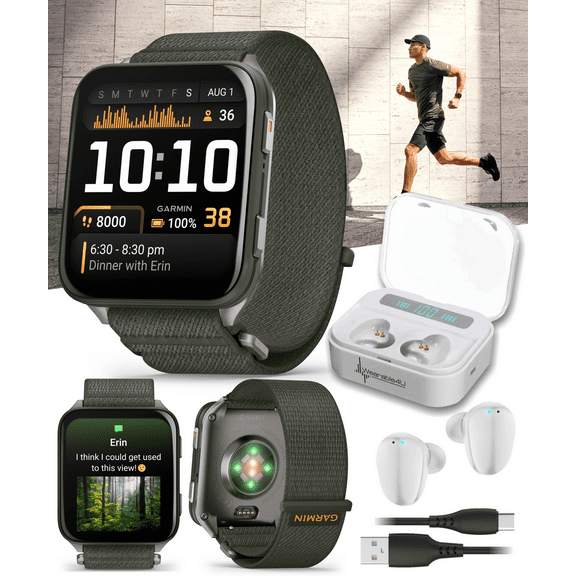 Garmin Venu X1 Thin and Lightweight GPS Smartwatch, AMOLED Display, Moss with Titanium Caseback and Moss ComfortFit Nylon Band with Wearable4U White EarBuds Bundle