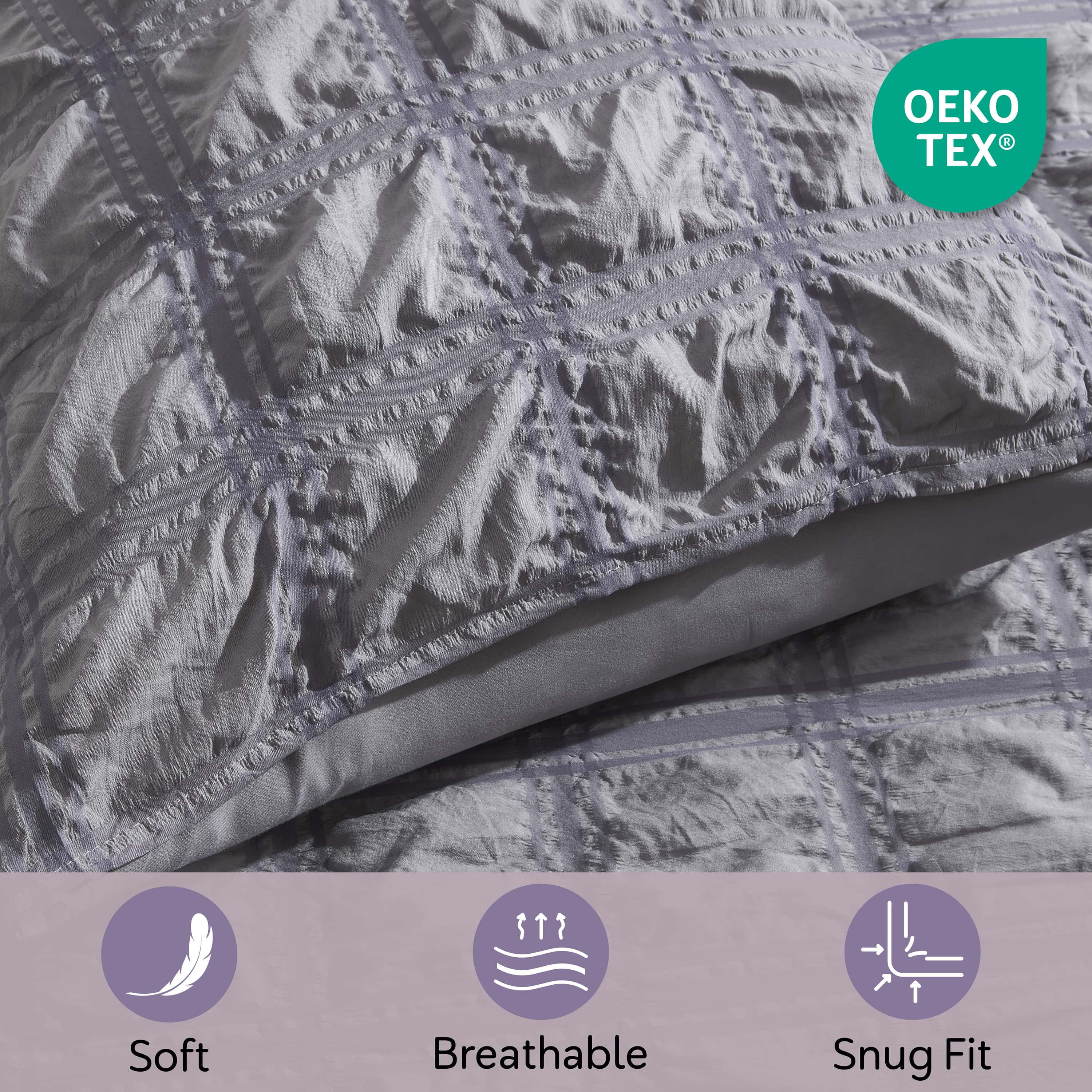 Virtu King Comforter Set, Seersucker King Size Comforter Set, 7-Pc All Season Bedding Comforter Set, Gray