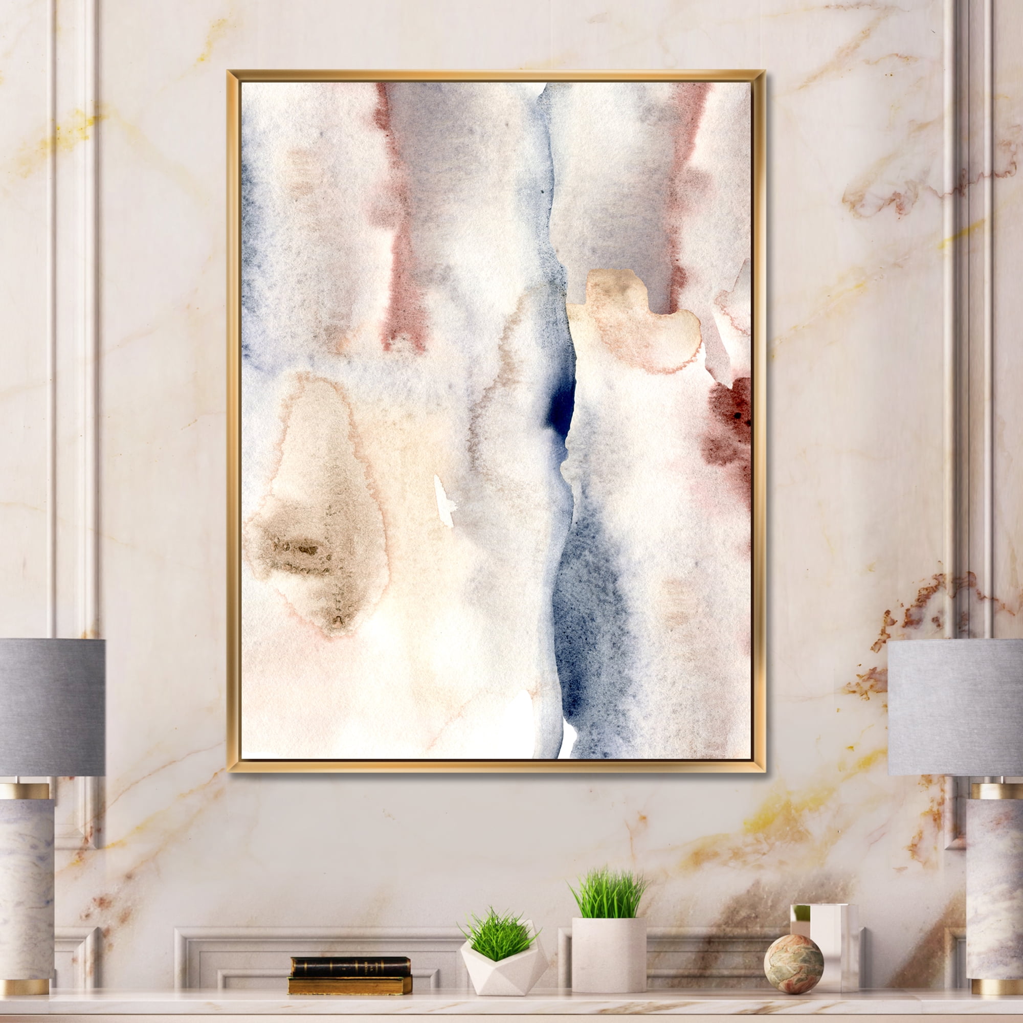 Pastel Abstract With Pink Dark Blue and Gray Spots 12 in x 20 in Framed Painting Canvas Art Print, by Designart