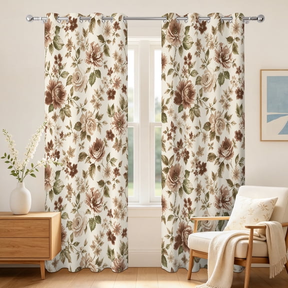 Vintage Brown Rose Floral Blackout Curtains,2 Panels,42x63 inch,Thermal Insulated Grommet Top Window Drapes