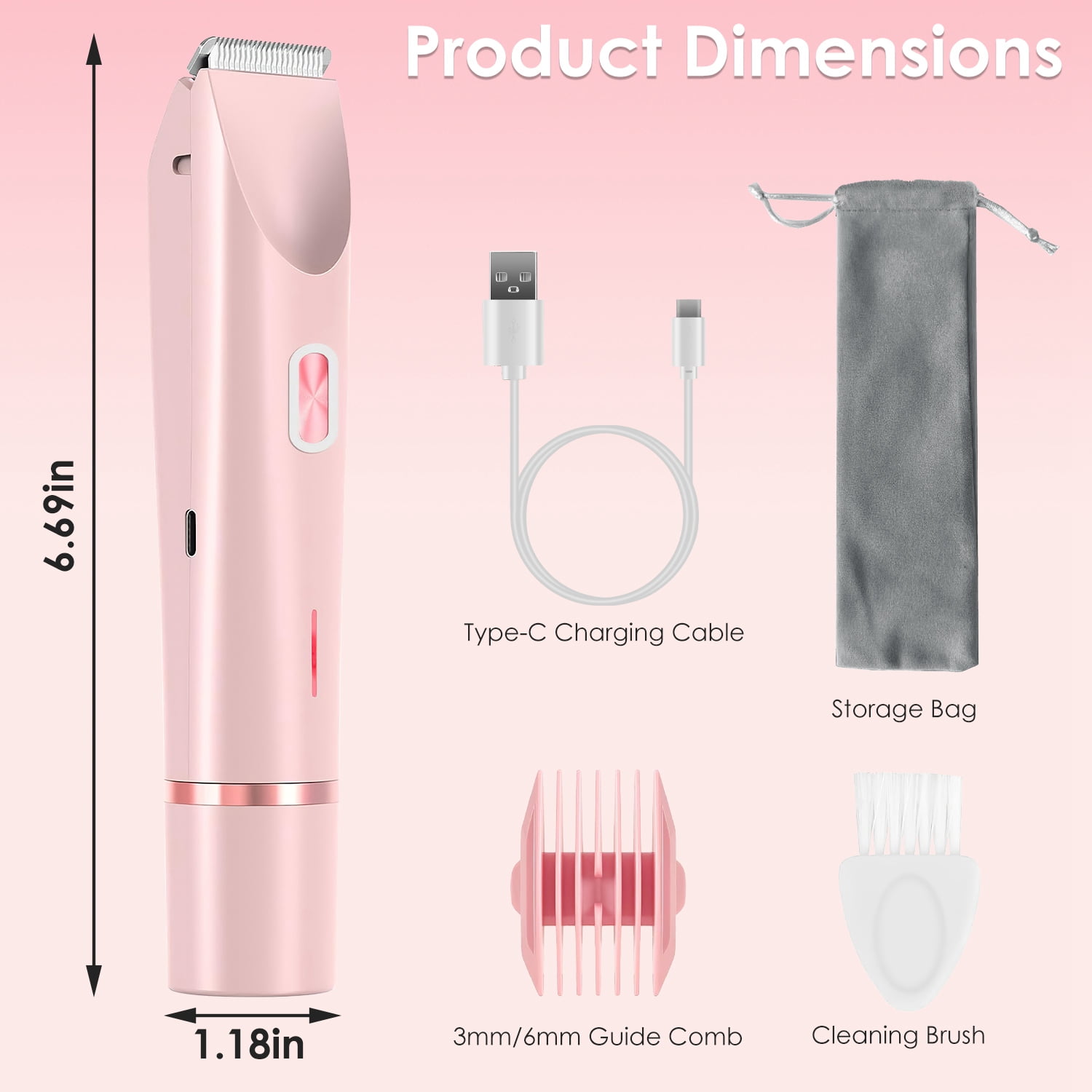 TeqHome 2-In-1 Bikini Trimmer for Women IPX7 Waterproof Electric Razors for Women Rechargeable Pubic Body Hair Trimmer Wet and Dry Use Gifts for Women Pink