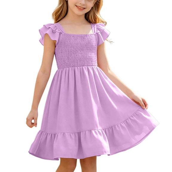 ZOYOEN Girls Swing Dress- Square Neck Summer Cute Ruffle Short Sleeve Kids Casual Dress Purple Size 5-12