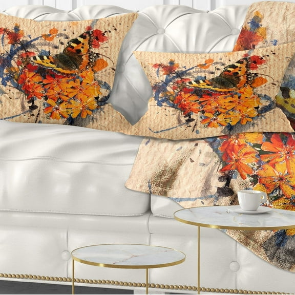 Designart Butterfly and Abstract Art on Paper - Floral Throw Pillow - 12x20