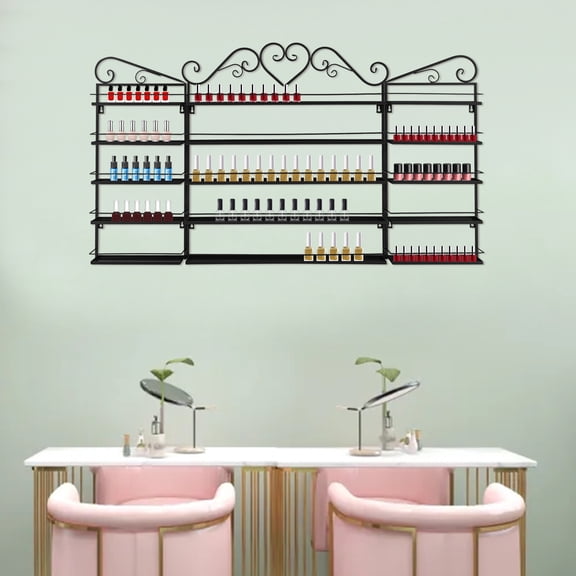 3-Pack Wall Mounted Nail Polish Organizer, 5-Tier Metal Display Rack Set with Safety Bar, Large Capacity Nail Polish Shelf for Home, Salon, Bathroom