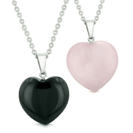 Amulets Lucky Puffy Hearts Love Couples or Best Friends Set Black Agate and Rose Quartz Pendant (Black Pussy The Best)