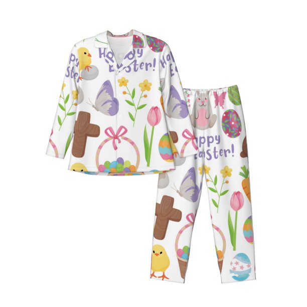 Balery Happy Easter1 Pijama para Hombre de Dos Piezas con Manga Larga, Conjunto de Dormir y Descanso Suave con Bolsillos-XX-Large