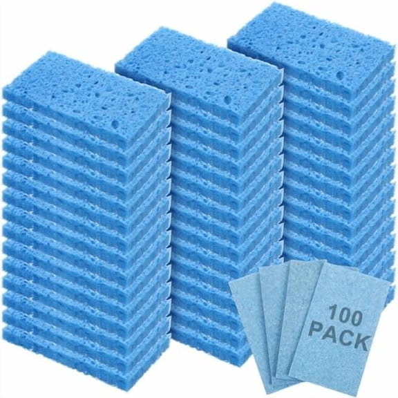 100 Pieces Kitchen Sponge Bulk Natural Sponges for Dishes Compressed Wood Pulp Sponges Cleaning Sponge Without Scratching for Kitchen Bathroom, 3.9 x 2.4 x 0.12 Inch (Blue)