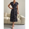 thumbnail image 4 of Navy Blue Floral Print Ruffle Sleeve Wrap High-Low Maxi Dress For Women, 4 of 8