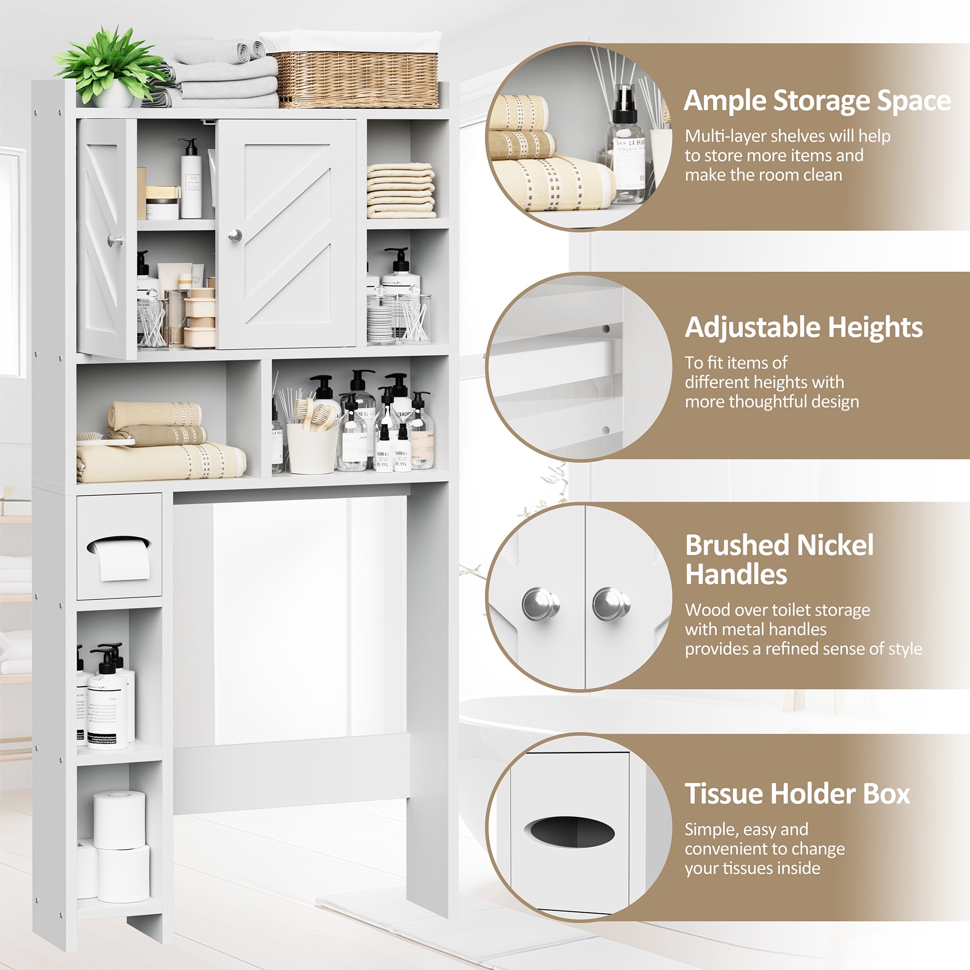 Walsunny Over the Toilet Storage Cabinets with Doors Side Shelves Toilet Paper Holder Stand Organizer Shelf Rack Space Saver above behind Toilet Freestanding for Bathroom Restroom Laundry White