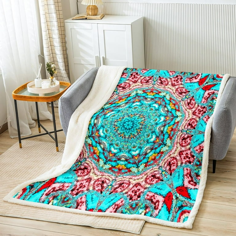 Vintage Oriental Throw Blanket for Couch Teal Abstract Art Fleece