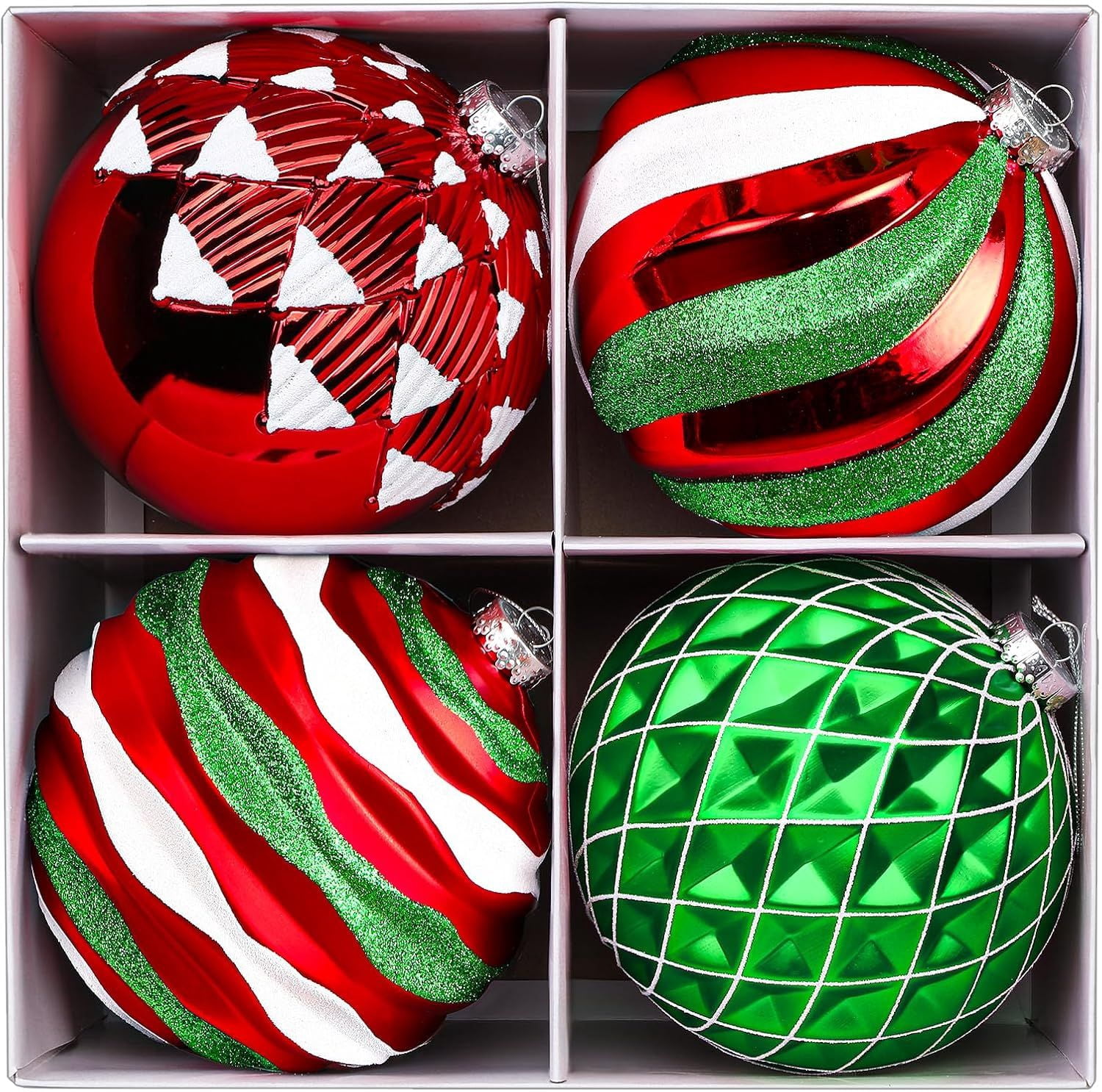 6"/150mm Large Christmas Ball Ornaments, 4Pcs Christmas Tree Decor, Shatterproof Hanging Decorations with Hooks, White & Silver Baubles for Xmas Tree, Wedding, Holiday and Party Decor