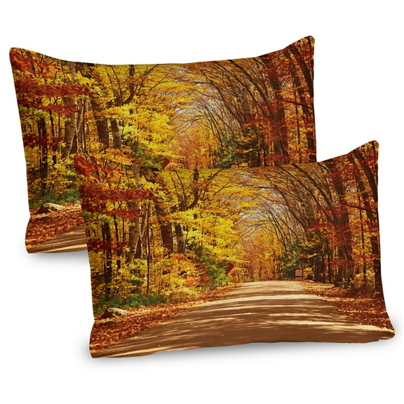 Ambesonne Fall Pillow Sham 2 Pack, Scenic Outdoors Empty Road, 36"x20", Redwood Yellow Orange