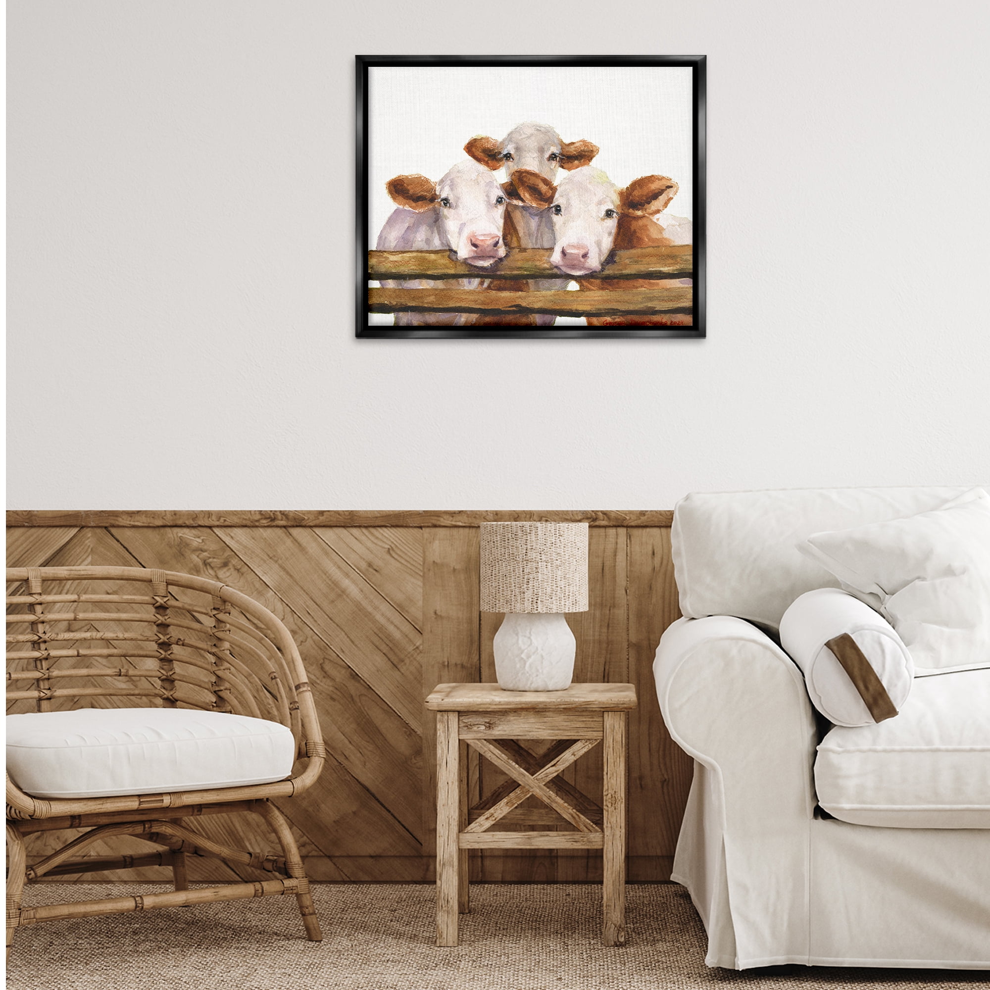 Stupell Industries Three Cow Friends Animals Painting Black Floater Framed Canvas Art Print Wall Art, 31 x 25