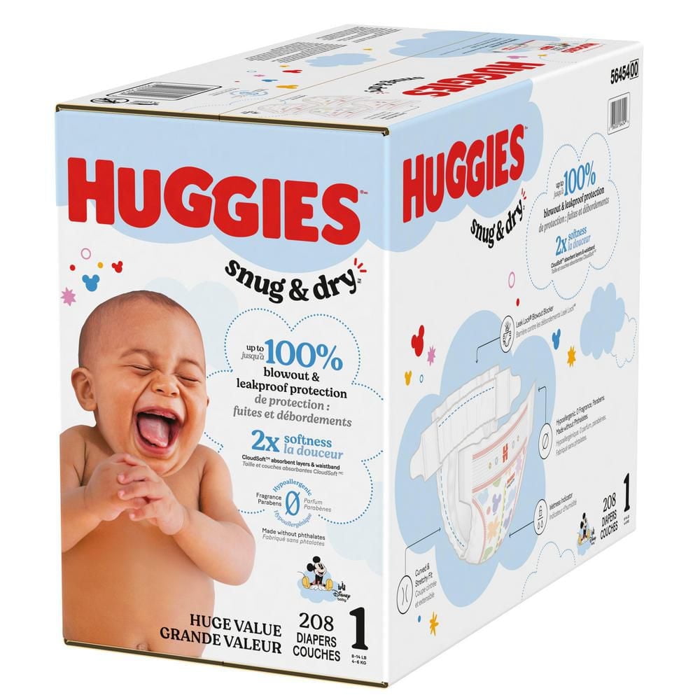 HUGGIES Snug & Dry Baby Diapers, Mega Colossal Pack, Sizes 1-8 | 208-80 Count