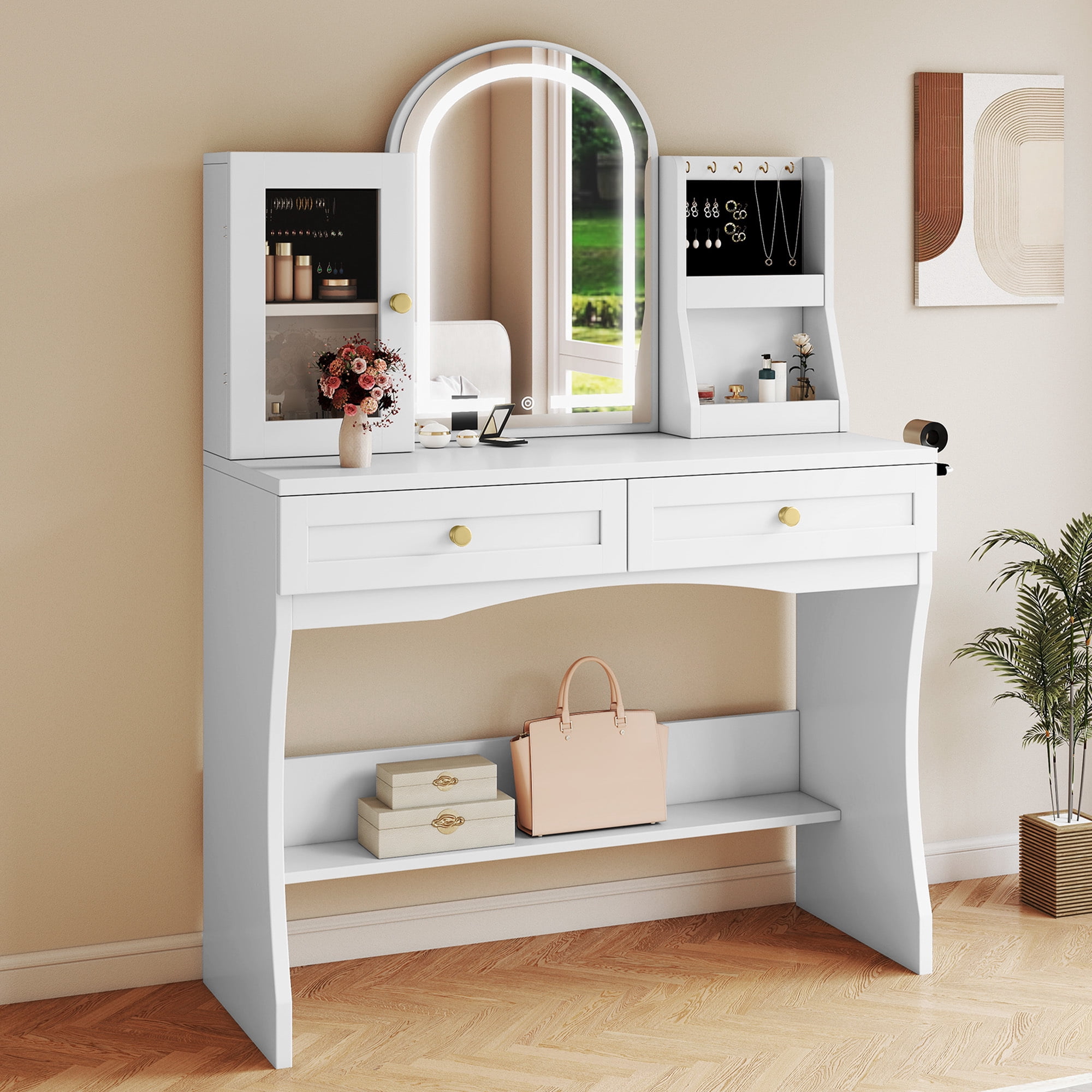 Uforic Makeup Vanity Desk with LED Mirror & Light, 2 Drawers, Jewelry Shelves, White