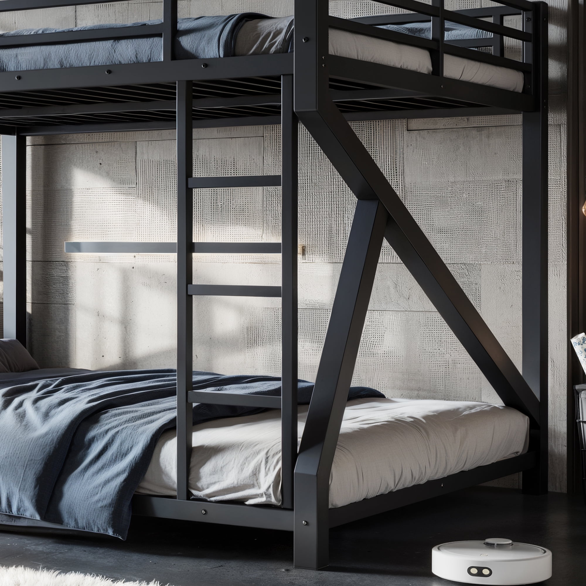 Mintazer Queen over Queen Bunk Bed with Side Ladder & Guardrail, Metal Bunk Bed for Bedroom Guest Room, Black
