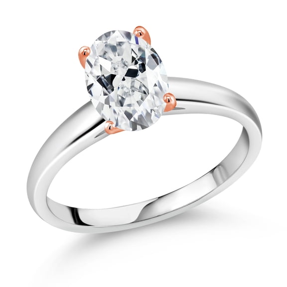 Gem Stone King 10K White and Rose Gold Solitaire Ring Set with White Zirconia (Size 5)