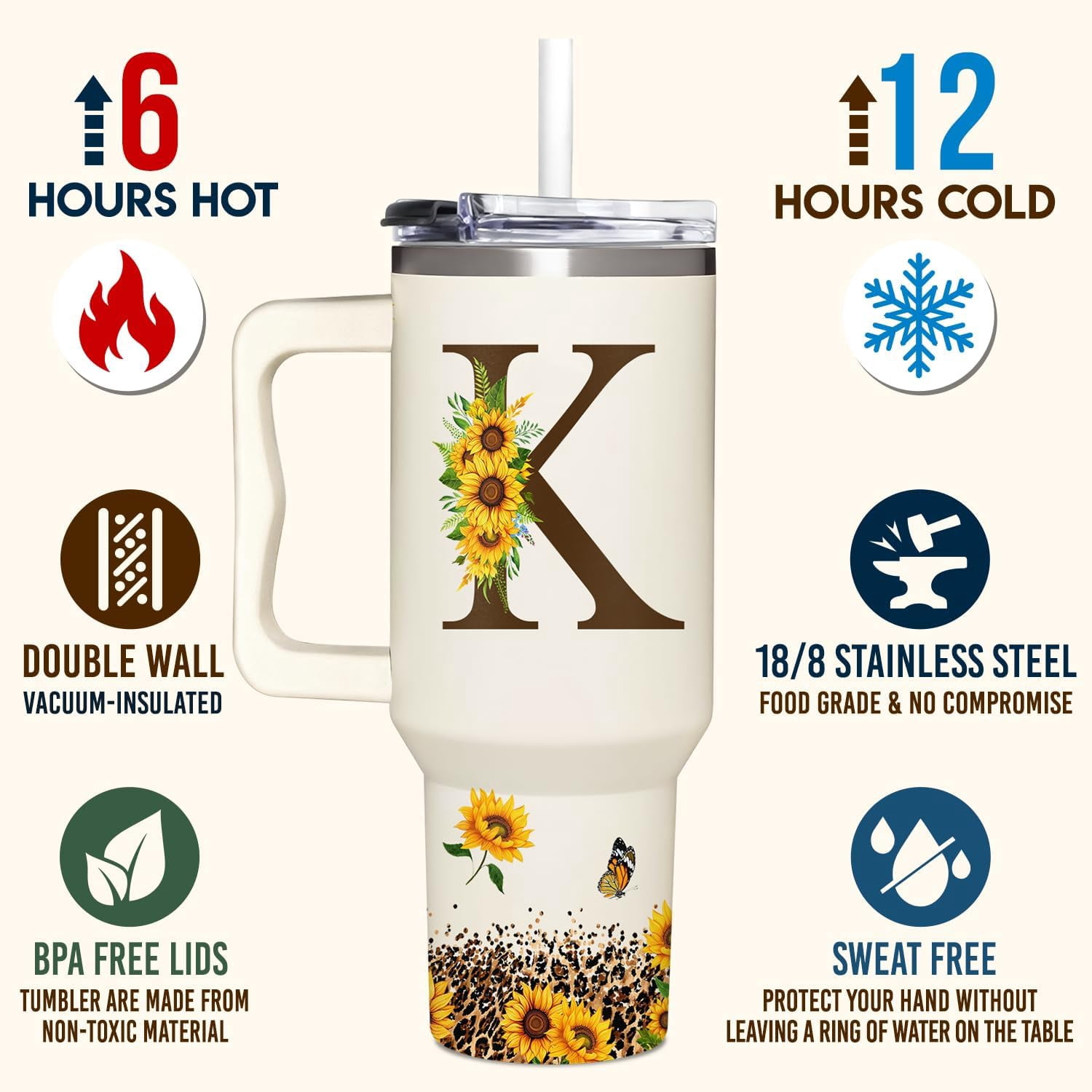 Personalized Birthday Gifts For Women - Sunflowers Monogrammed Cup For Mother's Day - Customized Gifts For Women, Mom, Grandma, Boss Lady, Her - Custom Tumbler With Handle 40oz