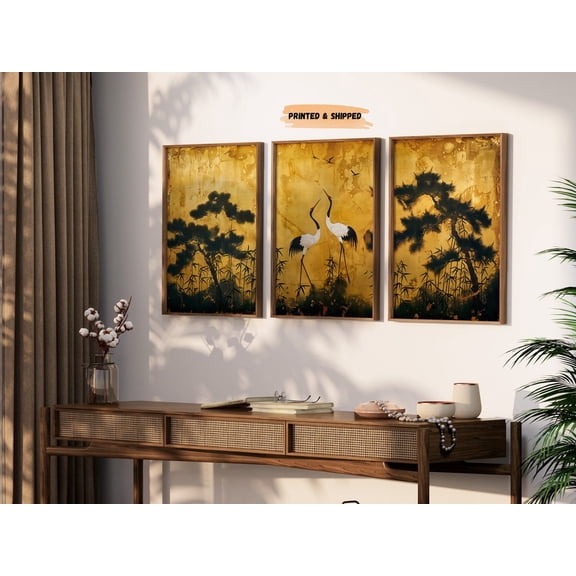 Gold Japanese Crane Pine Bamboo Wall Art Set 3 Unframed Paper Print 8x12
