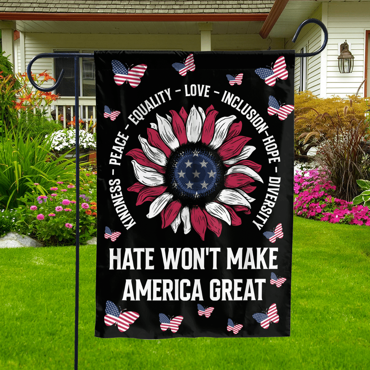 Lotusprinthandmade US Floral Butterfly Hate Won't Make America Great 100% Polyester Garden Flag 12x18 inches