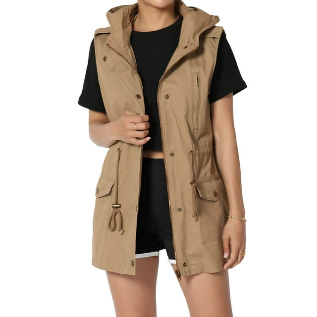 TheMogan Women's PLUS Drawstring Loose Fit Utility Vest Sleeveless Military Jacket