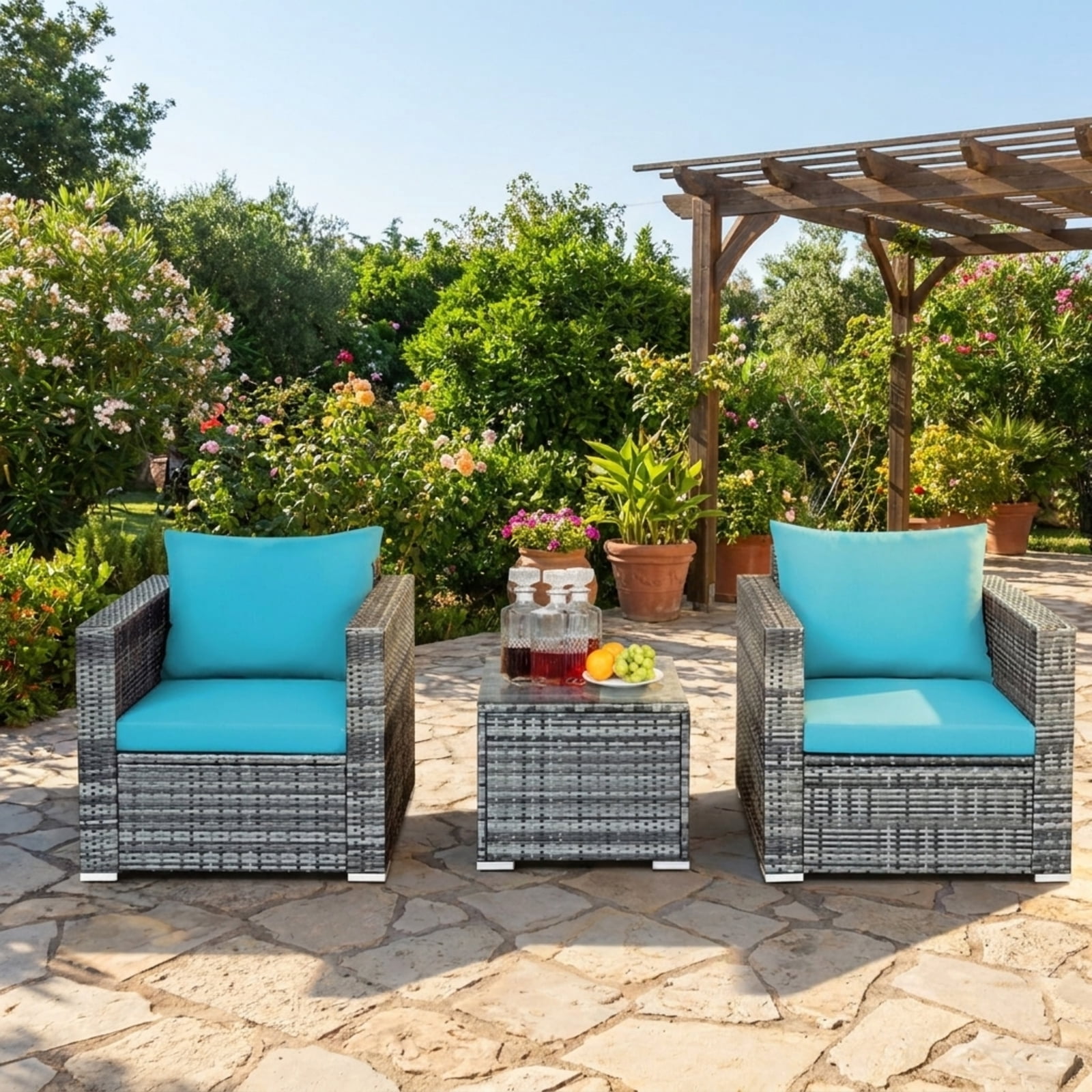Furnibear 3 Pieces Patio Rattan Furniture Bistro Sofa Set Outdoor Conversation Set with Cushioned Chairs and Glass Table, Mix Gray