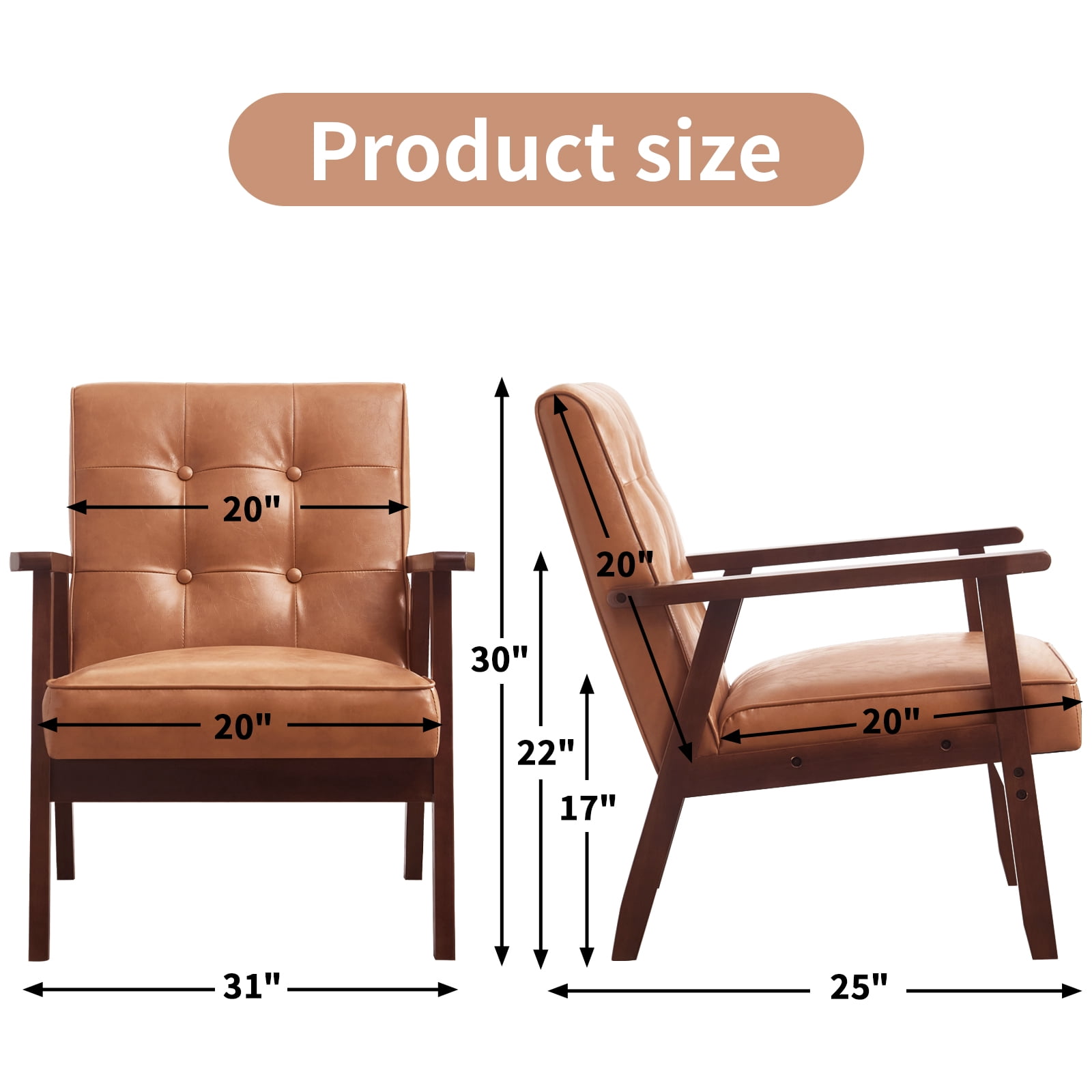 Bonzy Home Accent Chair Set of 2 Mid Century Modern PU Leather Armchair with Wood Frame for Living Room Bedroom Study Room, Easy Assembly, Brown