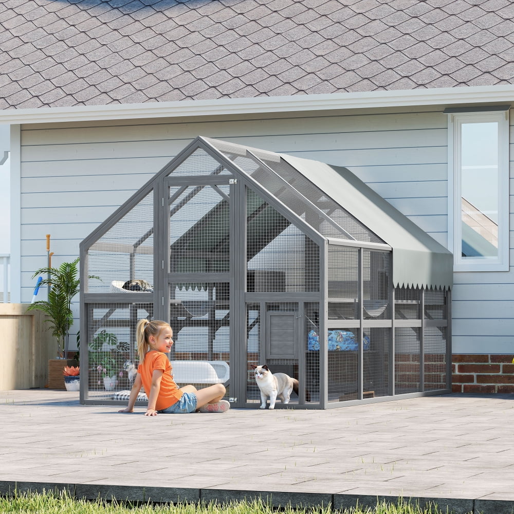 Large Wooden Outdoor Cat Enclosure with 7 Platforms, Resting Boxes & Waterproof UV-Proof Canopy