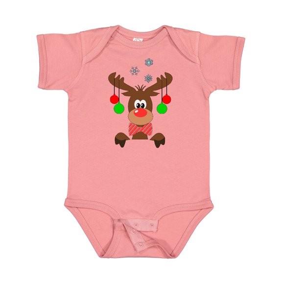 Inktastic Cute Christmas Reindeer with Red Nose, Ornaments and Bow Tie Boys or Girls Baby Bodysuit