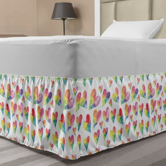 Heart Bed Skirt, Rainbow Colors Watercolor Style Inspired Hearts Valentines Day Love Romantic Couples, Elastic Bedskirt Dust Ruffle Wrap Around for Bedding Decor, 4 Sizes, Multicolor, by Ambesonne