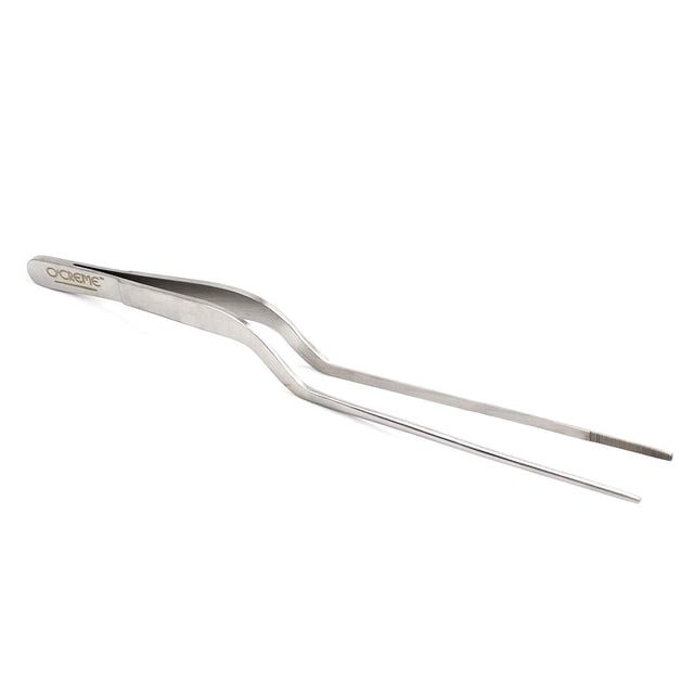 O'Creme 8 Inch Stainless Steel Precision Kitchen Culinary Offset Tweezer Tongs