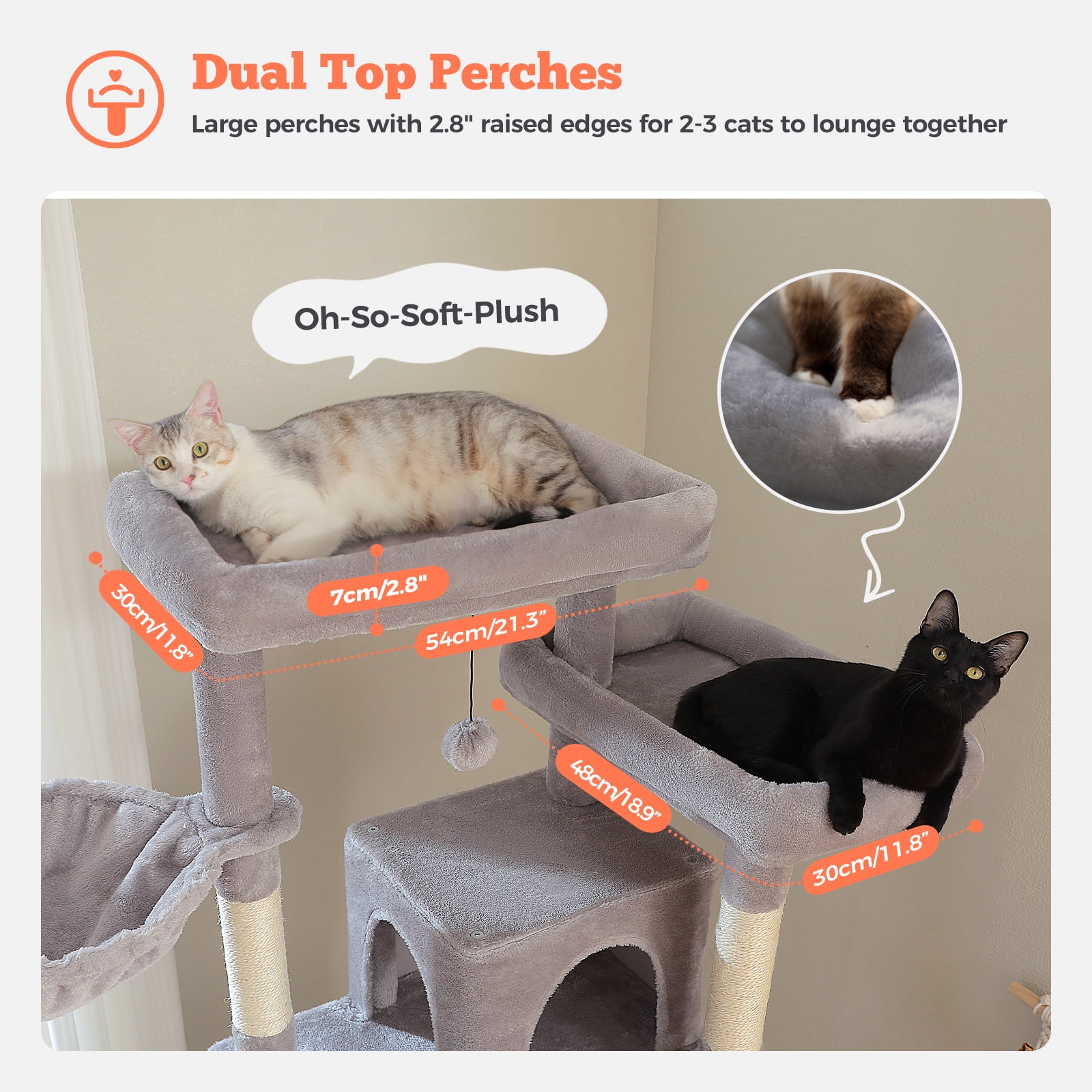 Pefilos 81" Tall Cat Tree for Indoor Cats, Multi-Level Cat Tower with Metal Frame Hammock, Scratching Ramp, 2 Top Perches, 2 Cozy Condos & 6 Scratching Posts, Gray