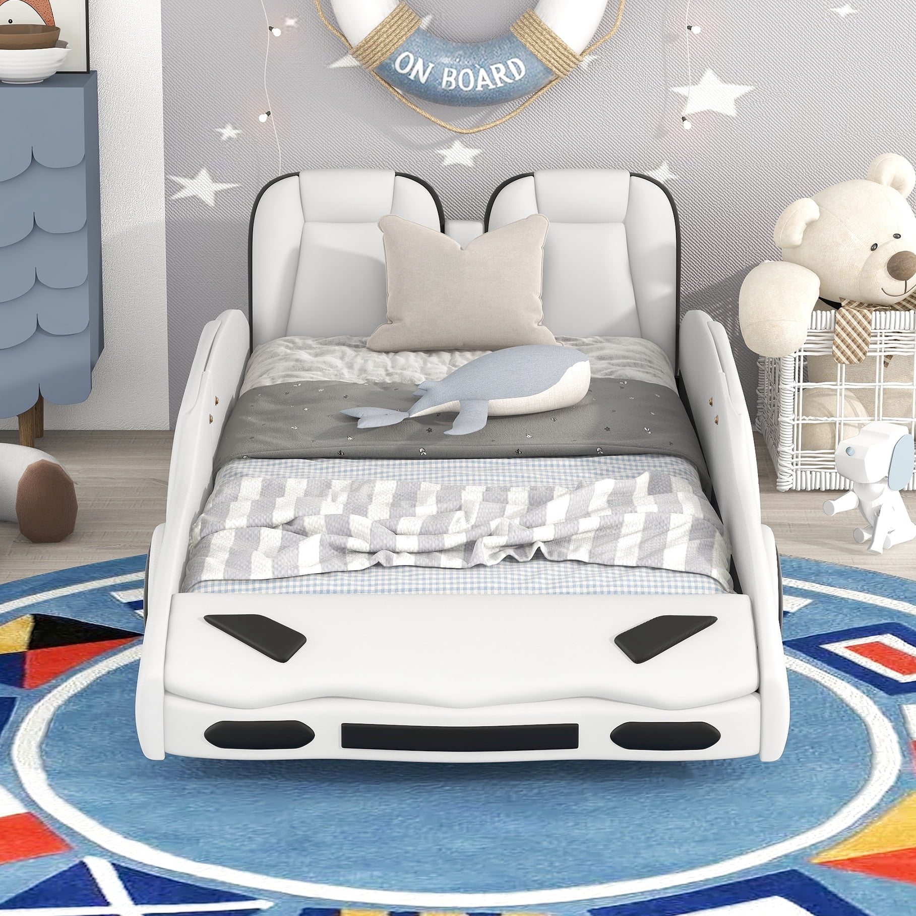 Twin Size Race Car Bed With Wheels, White - And Fashionable Shape Rolling Feature Wheels Guardrails Protected Bedroom Choice