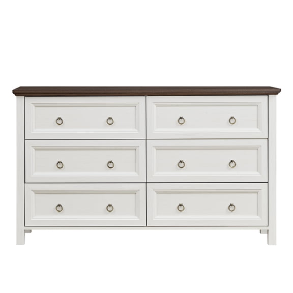 YIYADO Farmhouse Bedroom 6 Drawer Dresser, Modern Dresser TV Cabinet, Wooden Antique Wide Drawer Chest with Large Drawers for Bedroom, Living Room, Hallway, White
