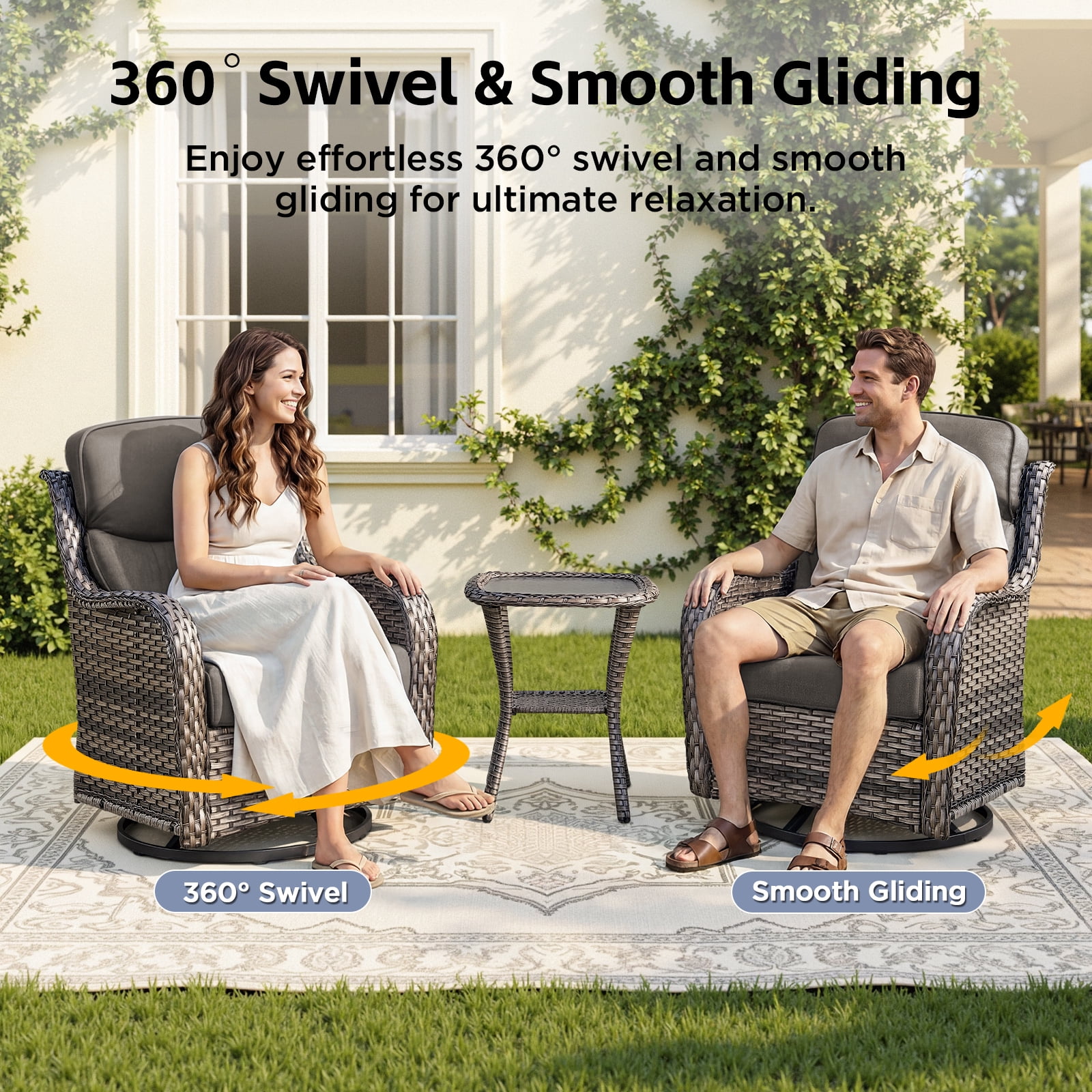 POCASSY 4-Piece Outdoor Patio Furniture Set with Swivel Chairs, Luxury High Back Rattan Wicker Outdoor Conversation Set with 5-inch Thick Seat Cushion Sofa and Swivel Glider Patio Chair for Porch