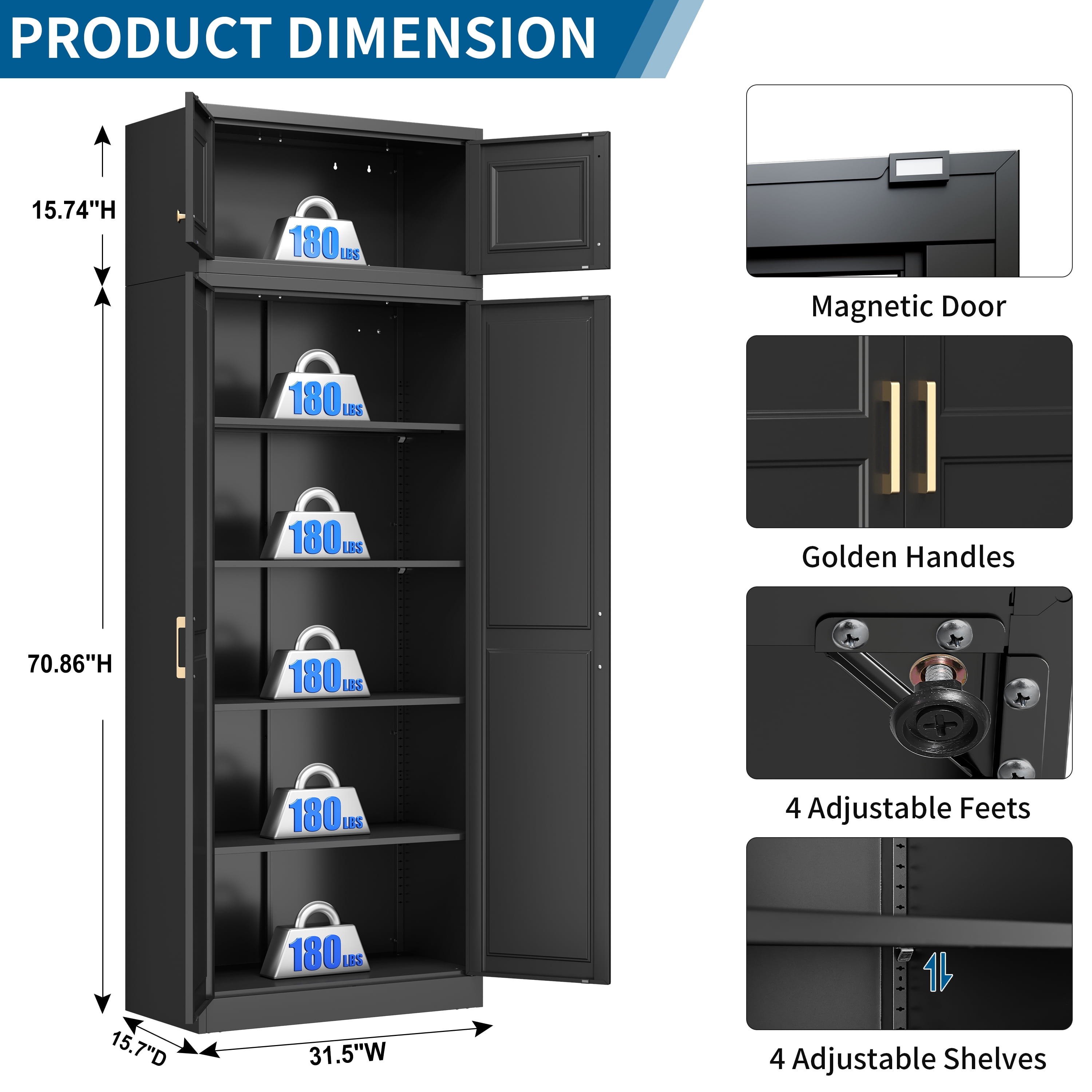 Polup 86" Height Modern Metal Pantry Storage Cabinet with Doors and Adjustable Shelves Black for Living Room Kitchen and Home