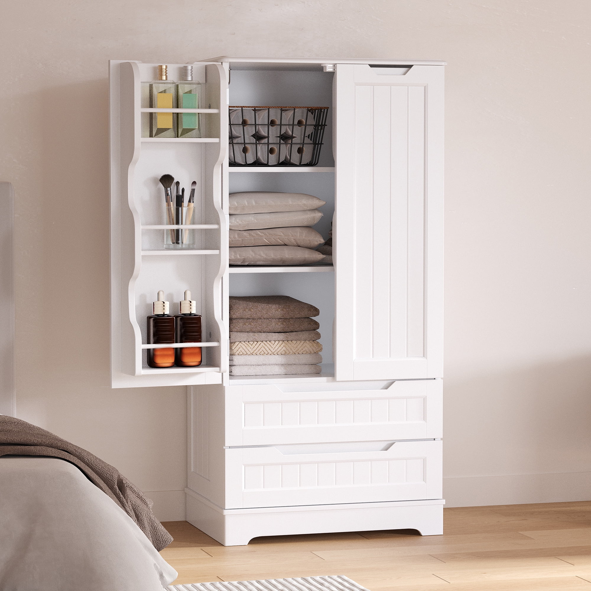 47" Small Kitchen Storage Cabinets with Doors and Shelves Clearance, Noelse Wooden Craft Organization and Storage Cabinet with 2 Drawers for Craft Room and Dining Room