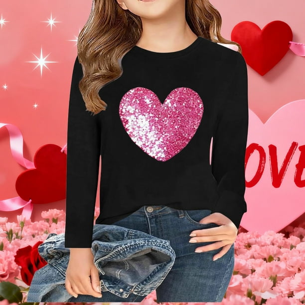 Blusas y camisas de manga larga con cuello redondo para niños Camisas de manga larga con estampado en forma de corazón Blusas casuales elegantes con cuello redondo Ropa Camisas de cuello redondo para