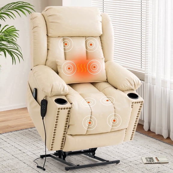 INGALIK Dual Motor Power Lift Recliner Chair, Infinite Position Lay Flat Recliners for Adult & Elderly with Heat & Massage, Cup Holder, Type-C Charge for Living Room, Leather (Beige)