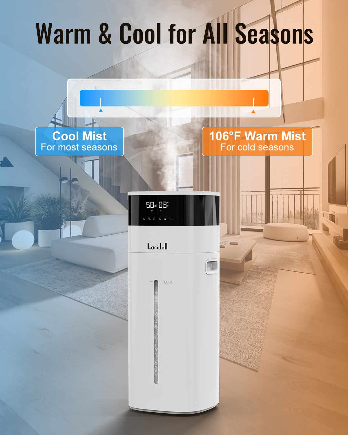 Large Room Humidifier, Cool & Warm Mist, 20L/5.3Gal Whole House Humidifier with Essential Oil Diffuser, Extended Tube, Covers up to 2000 Sq ft White