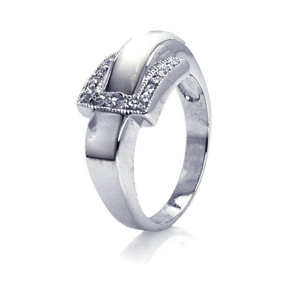 Sterling Silver 925 Rhodium Plated Simulated Pearl Belt Buckle Ring White CZ Female Size 6