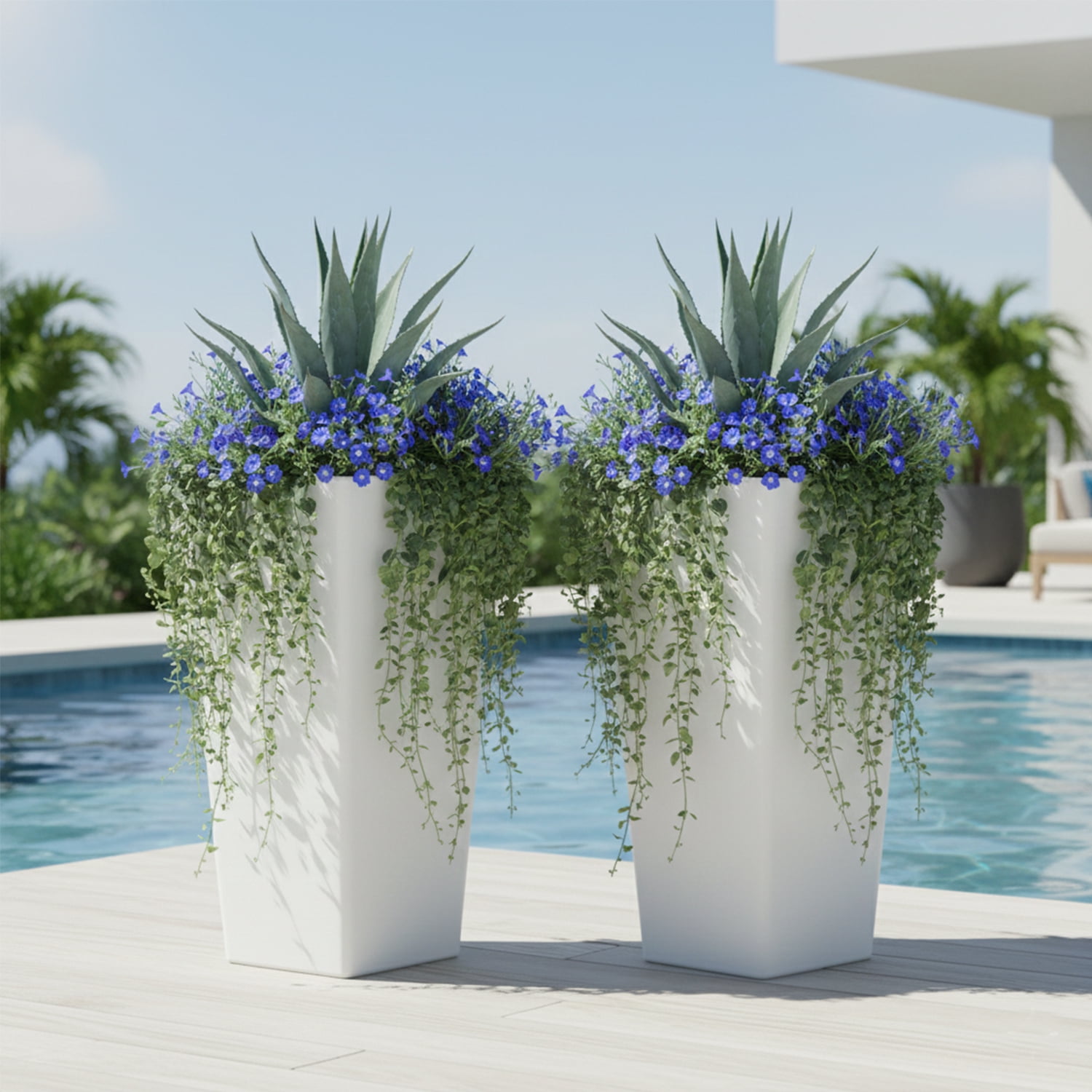 GreenShip 27 inch Large Outdoor Planter, Tall Planters for Outdoor Plants, Set of 2 Flower Pots with Drainage & Inner Shelf, Modern Decorative Garden Pots for Porch, Patio, Front Door