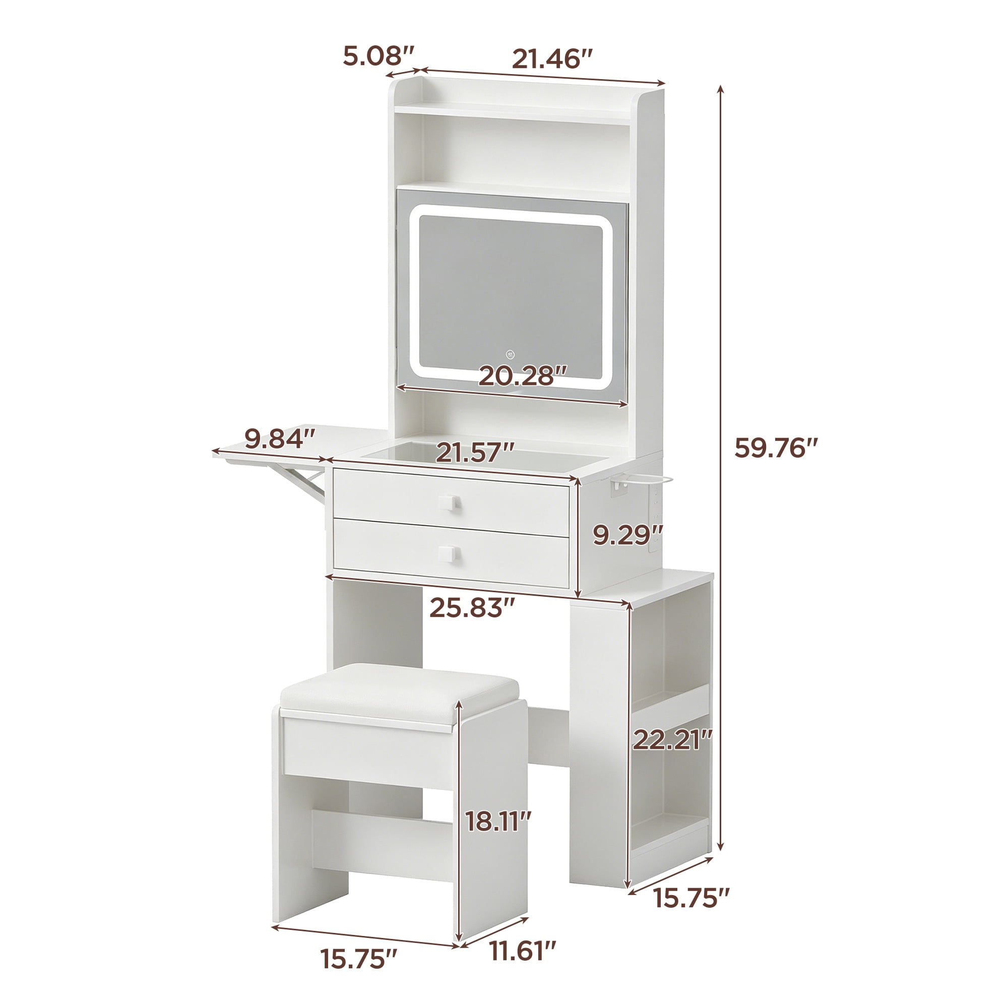 VEANERWOOD 21.4" White Vanity Desk with LED Light Mirror & Power Outlet, Glass Top Vanity Table Set with 2 Drawers, 8 Shelves, Makeup Table with Foldable Panel for Small Space